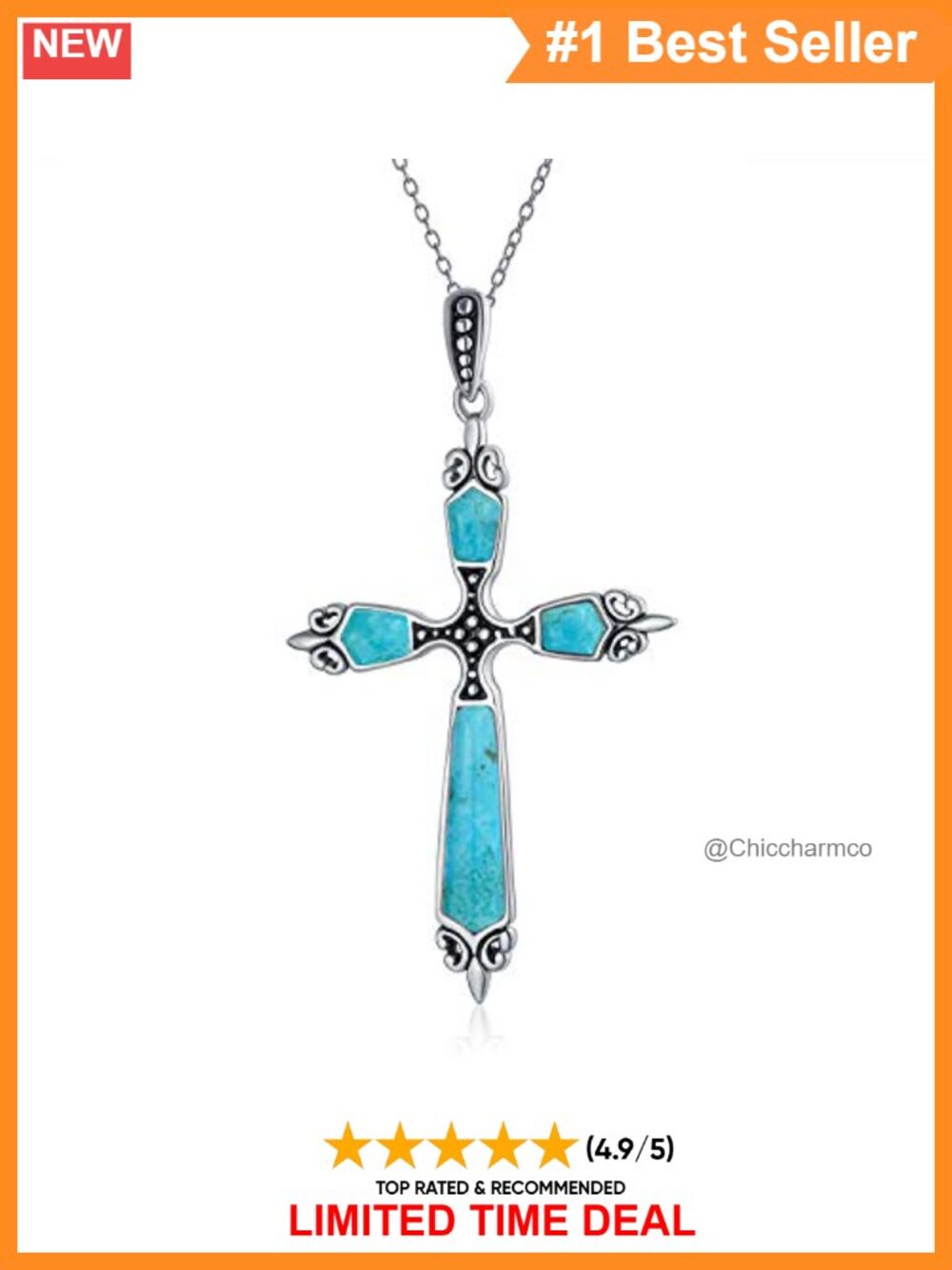 Fleur De Lis Cross Pendant Necklace .925 Sterling Silver Turquoise 18 In